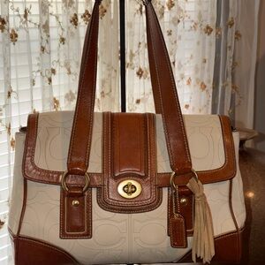 Vintage Coach Cream and Brown Singature Tote
